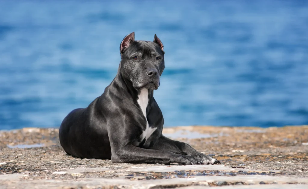 Staffordshire Bull Terrier sitting near sea