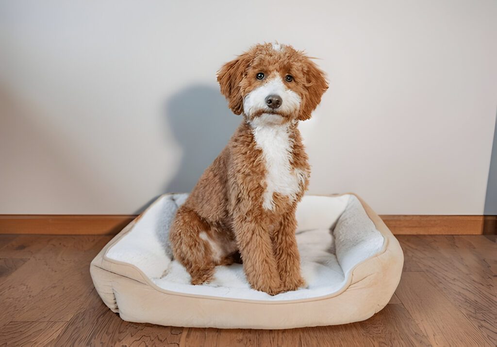 mini golden retriever standing proudly
